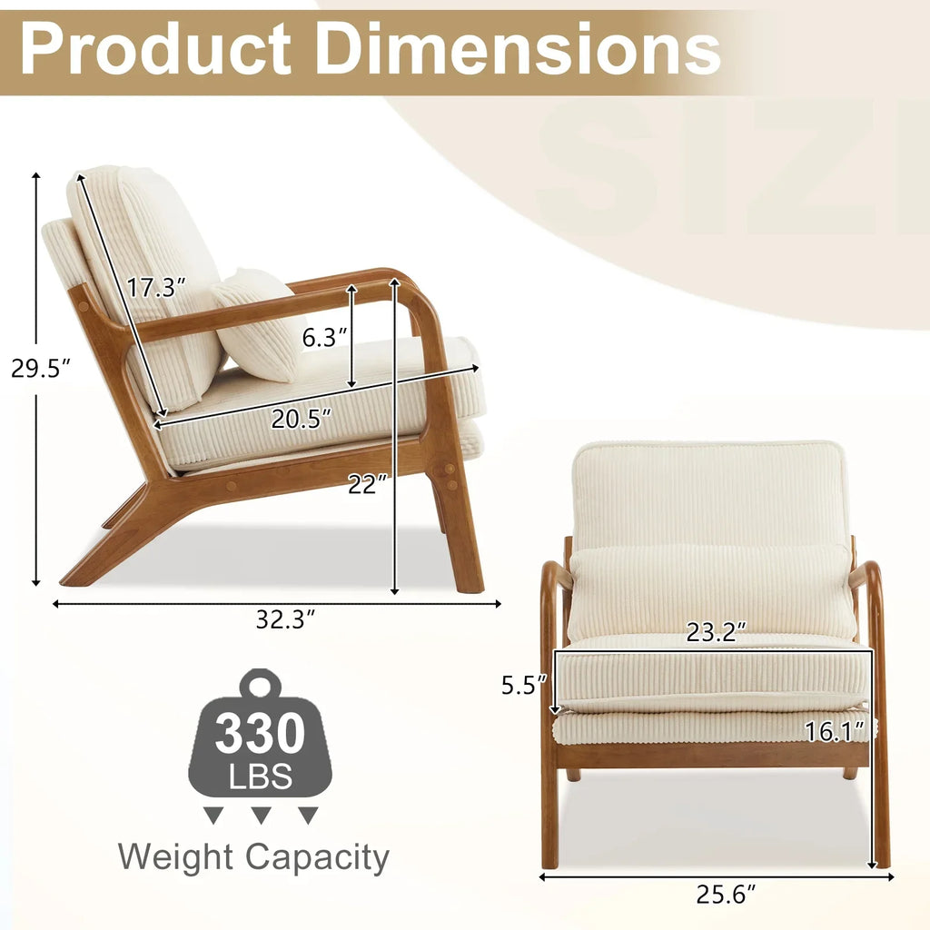 2026 NewKtaxon Accent Chair Corduroy Upholstered Armchair, Reading Club Chair with Pillow and Solid Wood Frame for Living Room Bedroom Furniture Off White