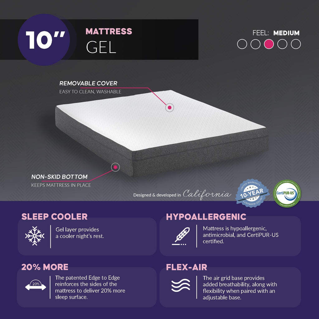 10 Inch Gel Infused Memory Foam Mattress With Edge Support Medium Firm