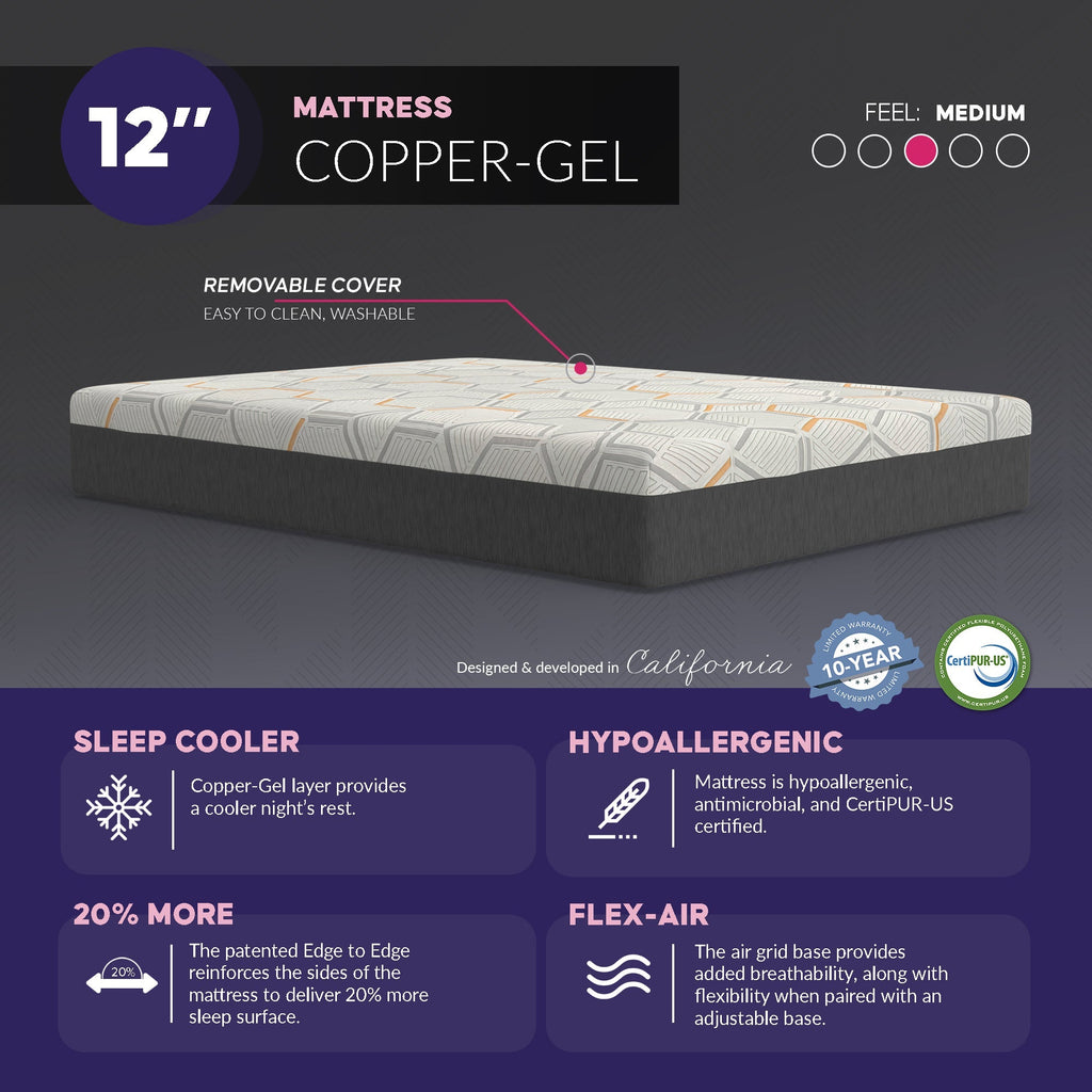 12 Inch Copper Gel Infused Memory Foam Mattress Premium Cooling Support