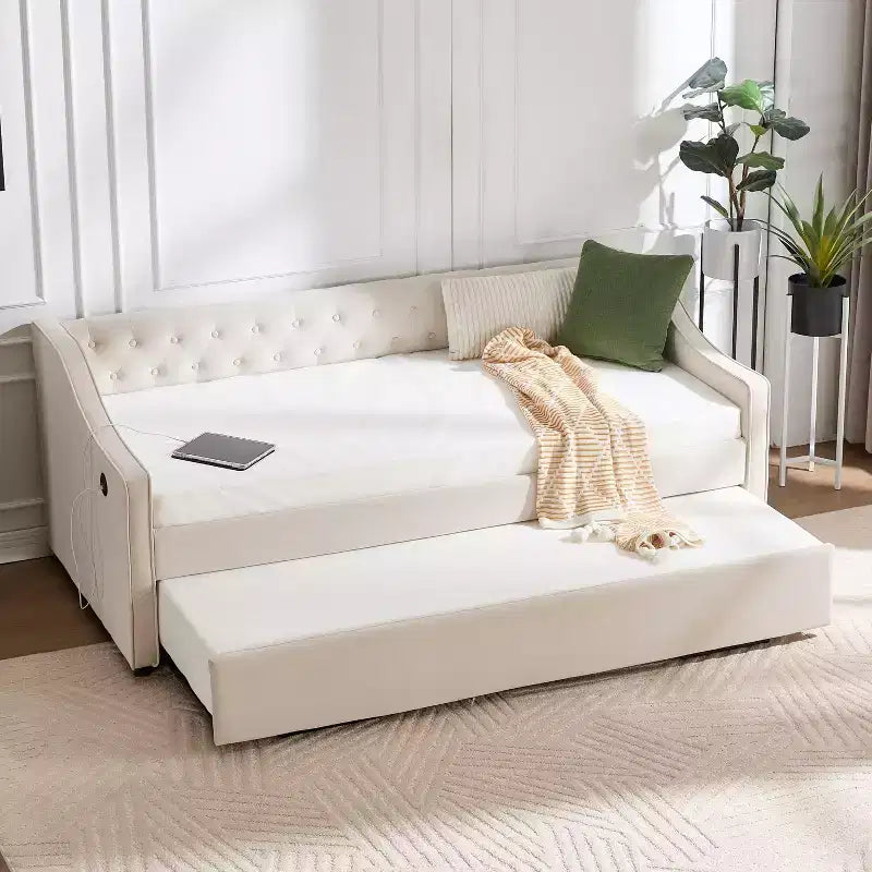 2026 Cama sofá Twin con cama nido, tapizada en terciopelo, puerto USB y bolsillos laterales - ModernLuxe