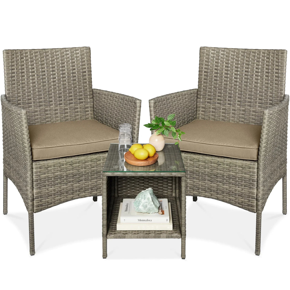 2026 NewBest Choice Products 3-Piece Outdoor Wicker Conversation Patio Bistro Set, w/ 2 Chairs, Table - Gray/Navy