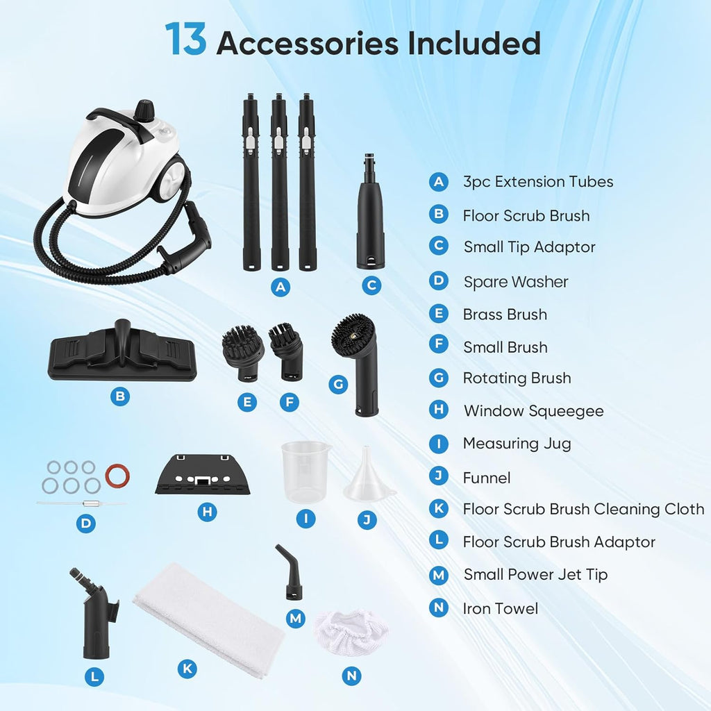 2026 Limpiador a vapor 2000W con 5 bar de presión - Depósito de 2 litros para 100m² de superficie - Set de accesorios de 18 piezas - Limpiador a vapor portátil con cabezal de cepillo giratorio