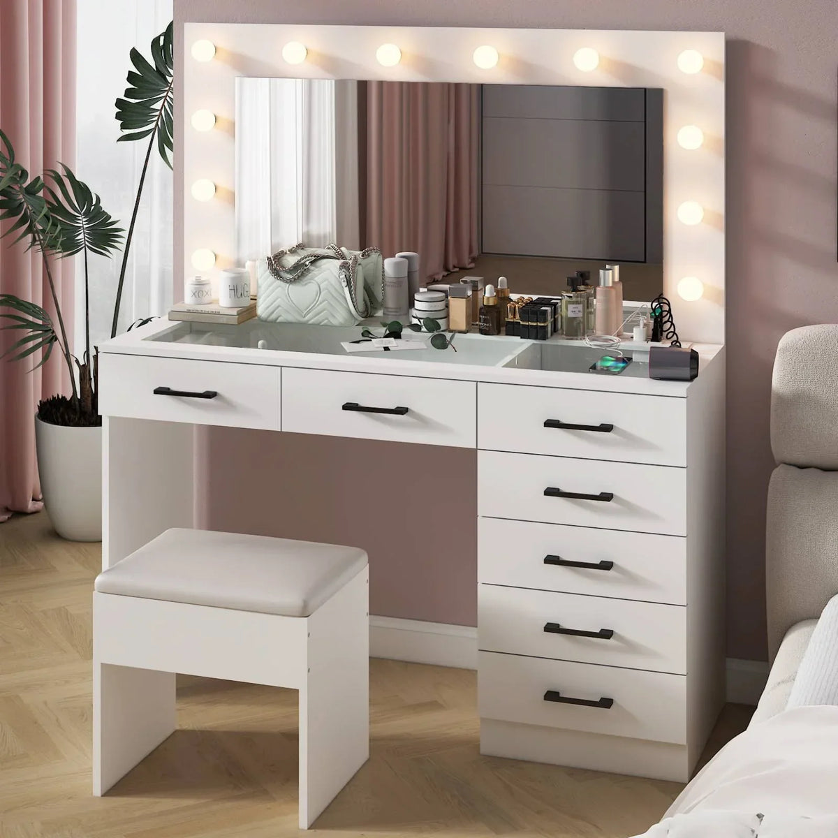 2026 NewKtaxon Large Makeup Vanity, Vanity Table Set w/ Visible Glass Top w/ Charging Station, White