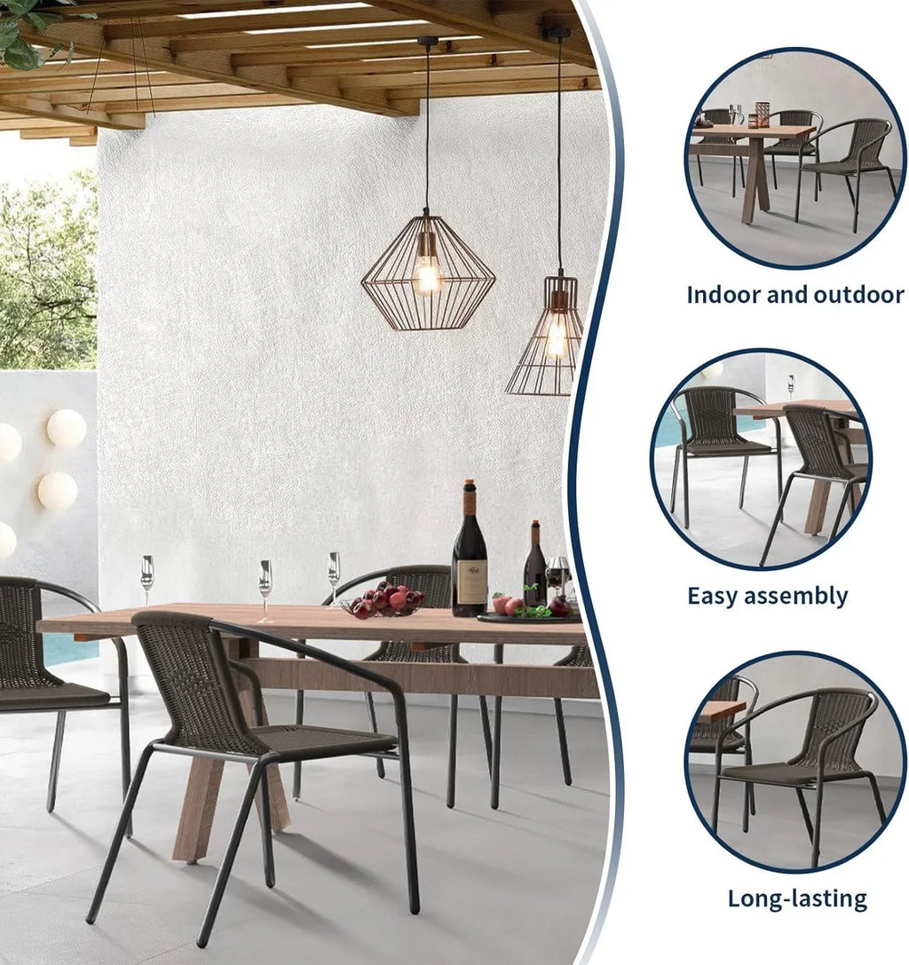 2026 NewELPOSUN Outdoor Dining Chairs Set of 6, Wicker Patio Chairs with Metal Frame, Rattan Indoor-Outdoor Chairs for Bistro, Deck, Backyard, Porch, Restaurant Stack Chair 6 Pack (Black)
