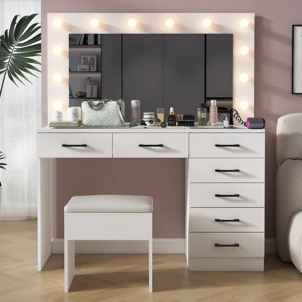 2026 NewKtaxon Large Makeup Vanity, Vanity Table Set w/ Visible Glass Top w/ Charging Station, White