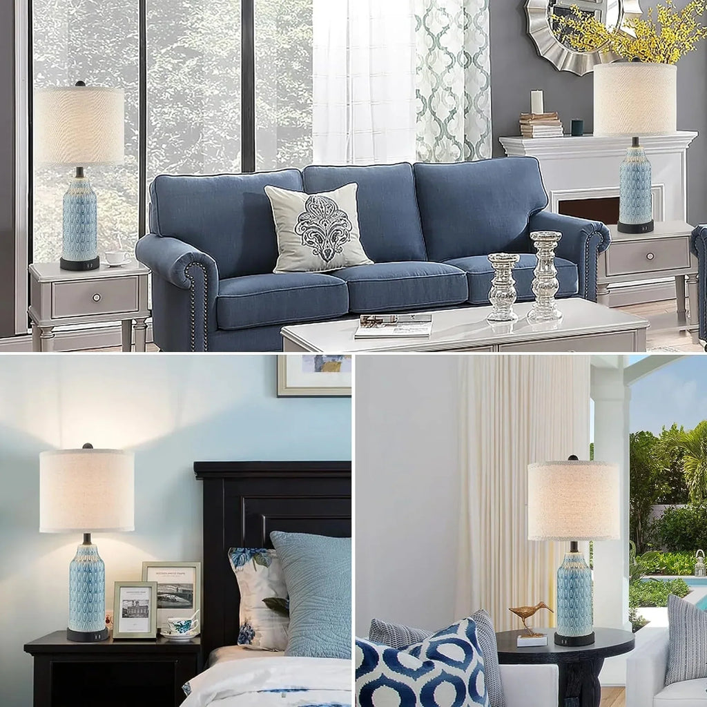 2026 NewCinkeda Table Lamp Set of 2 for Living Room Bedroom with USB Ports AC Outlet 3 Way Dimmable Touch Nightlight Farmhouse White Floral Nightstand Bedside Lamps