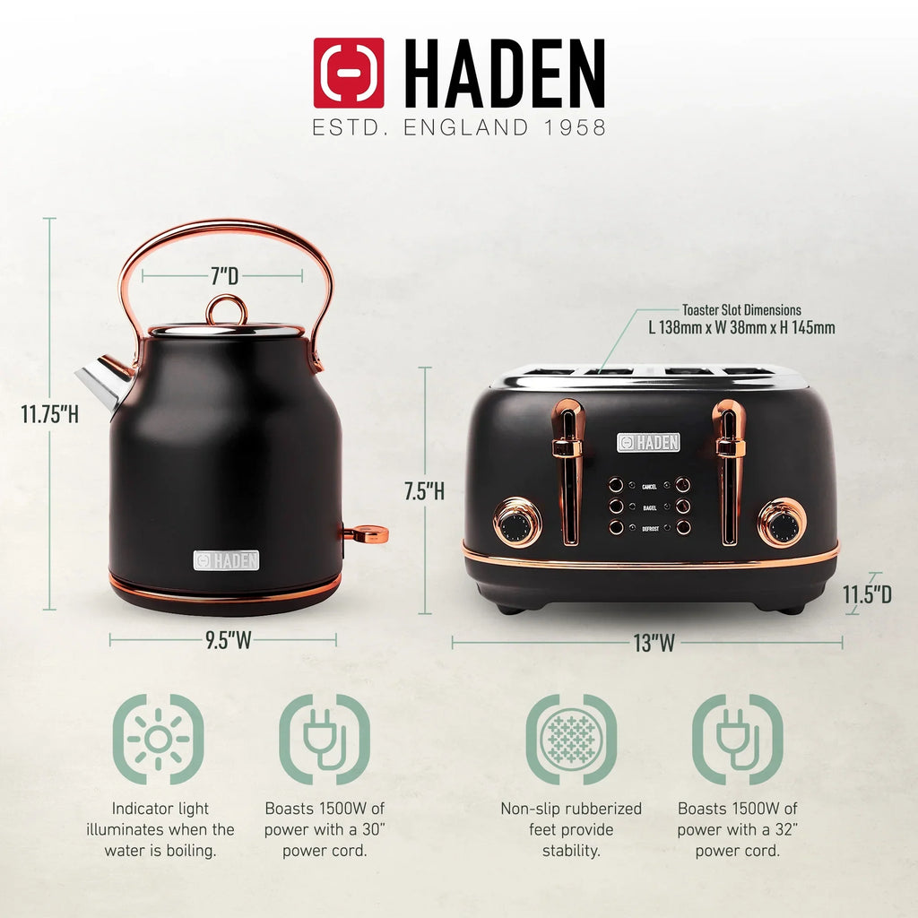 2026 NewHaden Heritage 1500 1.7 Electric Kettle, Matte Black Finish with Copper Accents