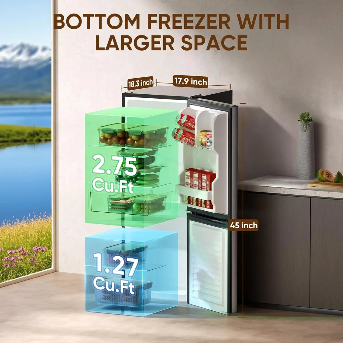 2026 NewUpstreman 4.0 Cu.Ft Mini Fridge with Bottom Freezer, 2 Door Small Refrigerator with Adjustable Thermostat and Removable Glass Shelves for Bedroom, Dorm, Office, Apartment, Black BM40