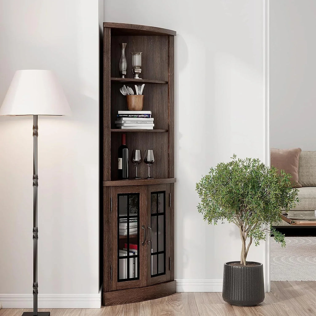 2026 NewMerluxy Curved Corner Cabinet, 65" Wood Bookcase with 3 Shelves, Distressed White