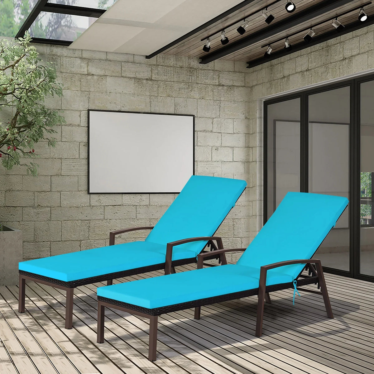 2026 NewCostway 2PCS Patio Rattan Lounge Chair Chaise Recliner Back Adjustable Cushioned Red