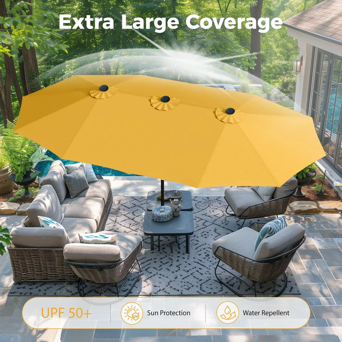 2026 NewAlpha Joy 15ft Outdoor Patio Umbrella Extra-Large Double-Sided Garden Umbrella with Crank Handle and Base - Smoky Gray