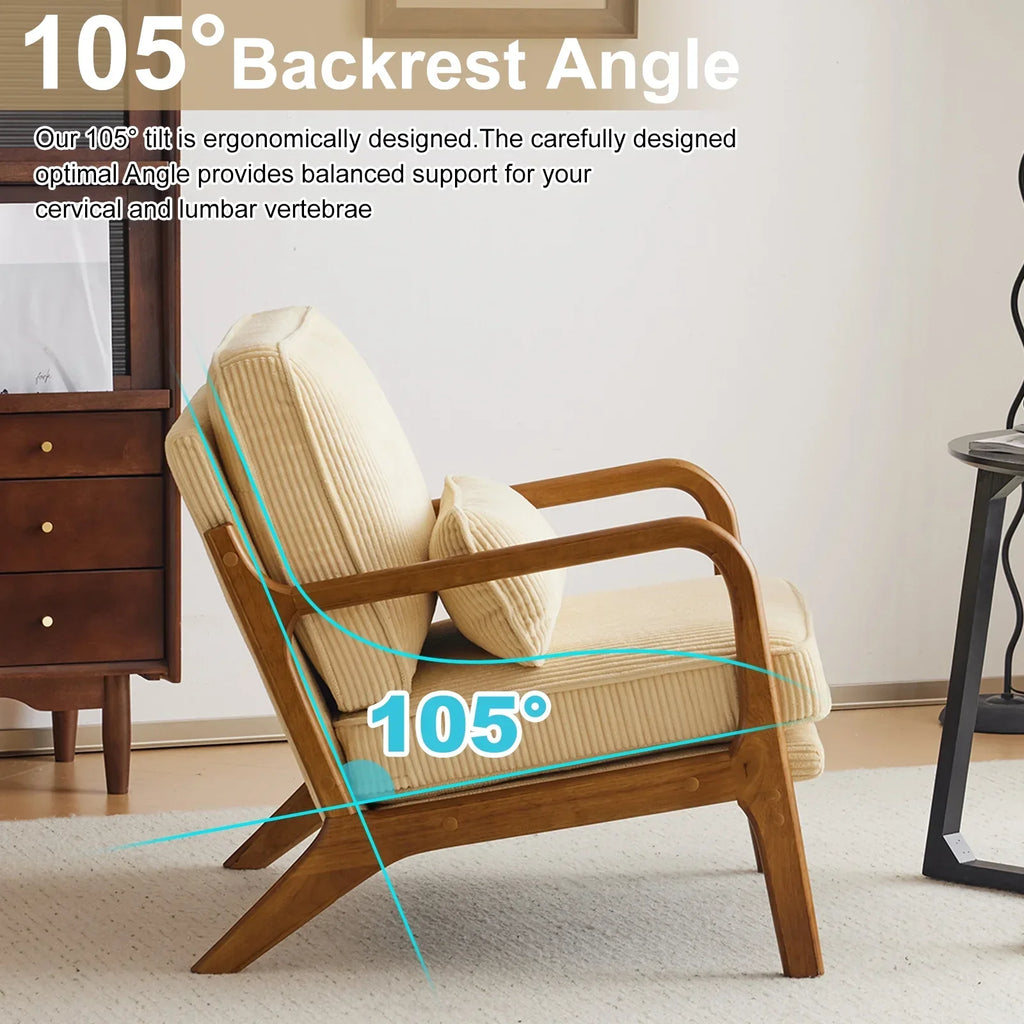 2026 NewKtaxon Accent Chair Corduroy Upholstered Armchair, Reading Club Chair with Pillow and Solid Wood Frame for Living Room Bedroom Furniture Off White