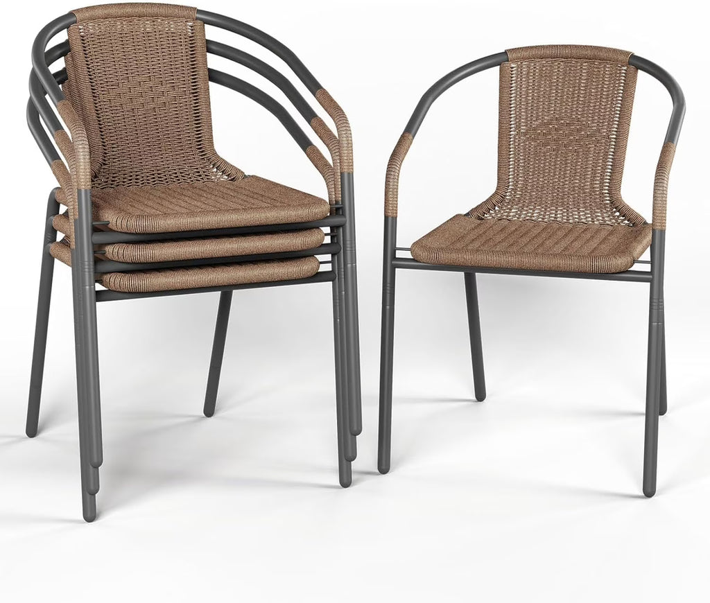 2026 NewELPOSUN Outdoor Dining Chairs Set of 6, Wicker Patio Chairs with Metal Frame, Rattan Indoor-Outdoor Chairs for Bistro, Deck, Backyard, Porch, Restaurant Stack Chair 6 Pack (Black)