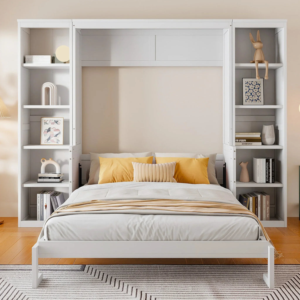 2026 NewQueen Size Murphy Bed with Desk and Bookshelf(White)