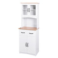2026 NewClearance! Wooden Kitchen Cabinet White Pantry Room Storage Microwave Cabinet with Framed Glass Doors and Drawer