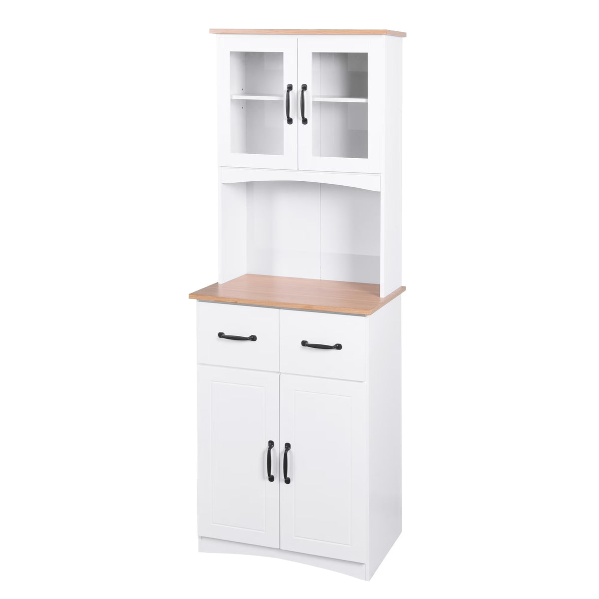 2026 NewClearance! Wooden Kitchen Cabinet White Pantry Room Storage Microwave Cabinet with Framed Glass Doors and Drawer