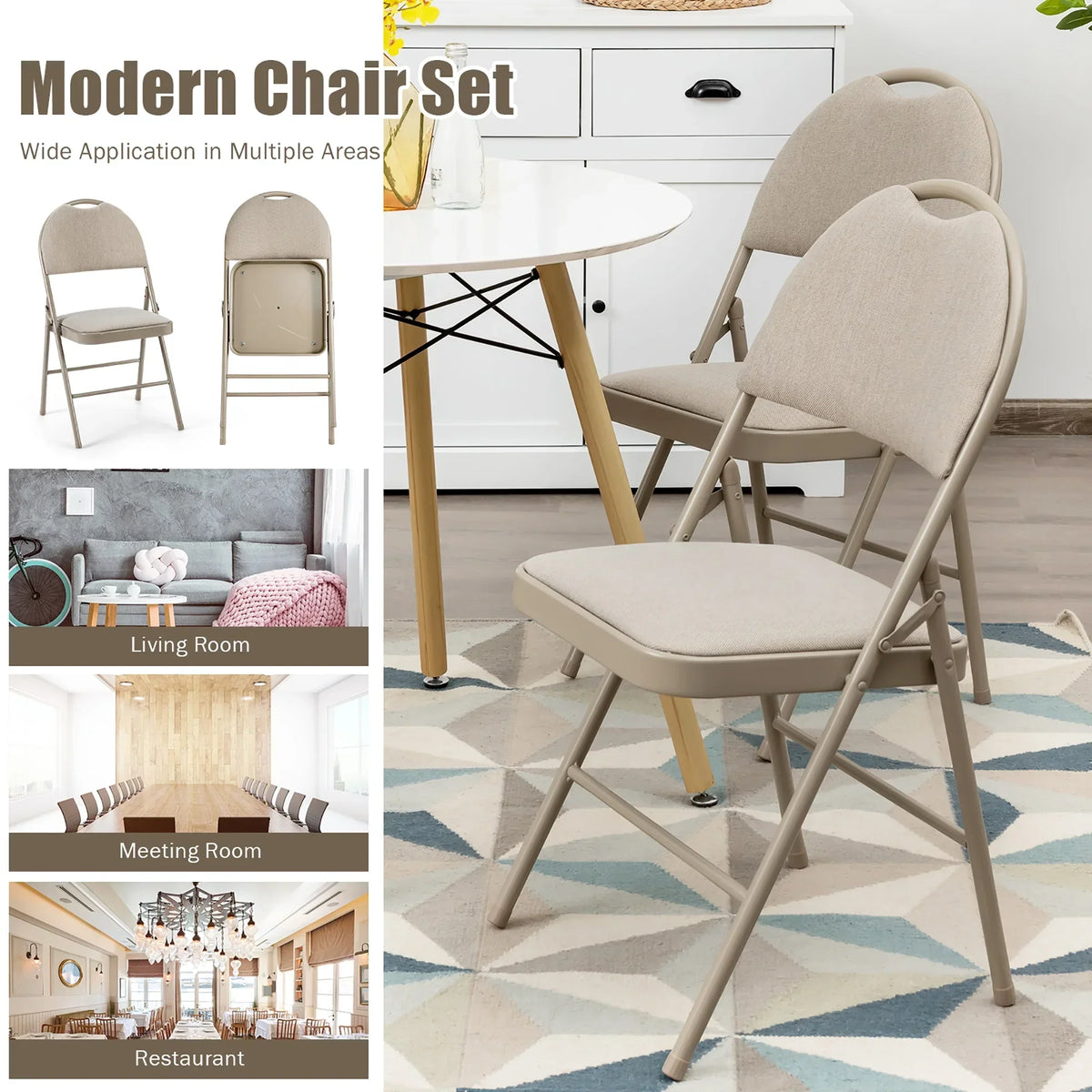 2026 NewCostway Set of 6 Folding Chairs Fabric Upholstered Padded Seat Metal Frame Home Office Beige