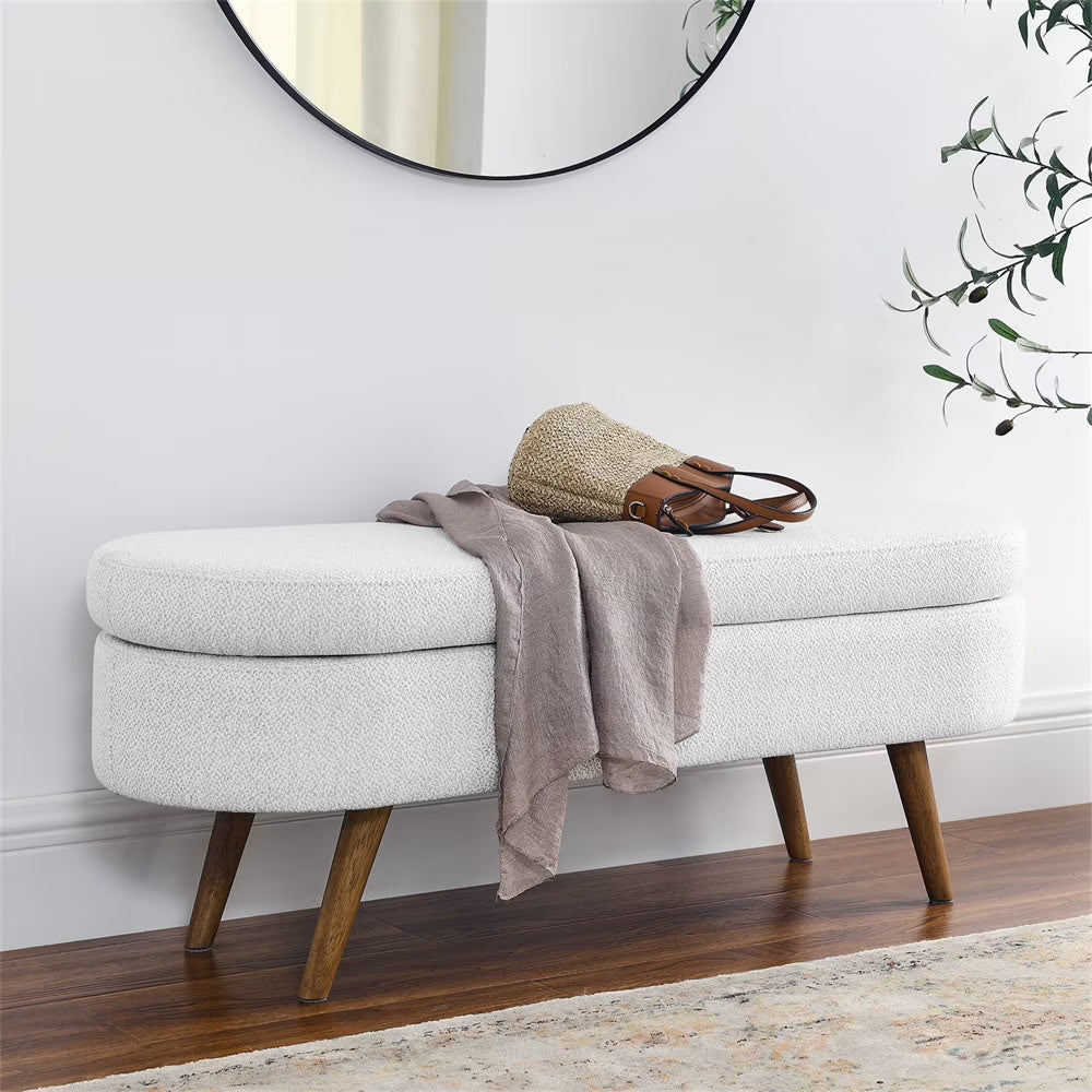 2026 New43.5" Oval Storage Ottoman Bench with Solid Wood Legs, Linen Fabric Upholstered Entryway Bench with Safety Hinge, Indoor Bench for End of Bed, Sofa Side, Entryway