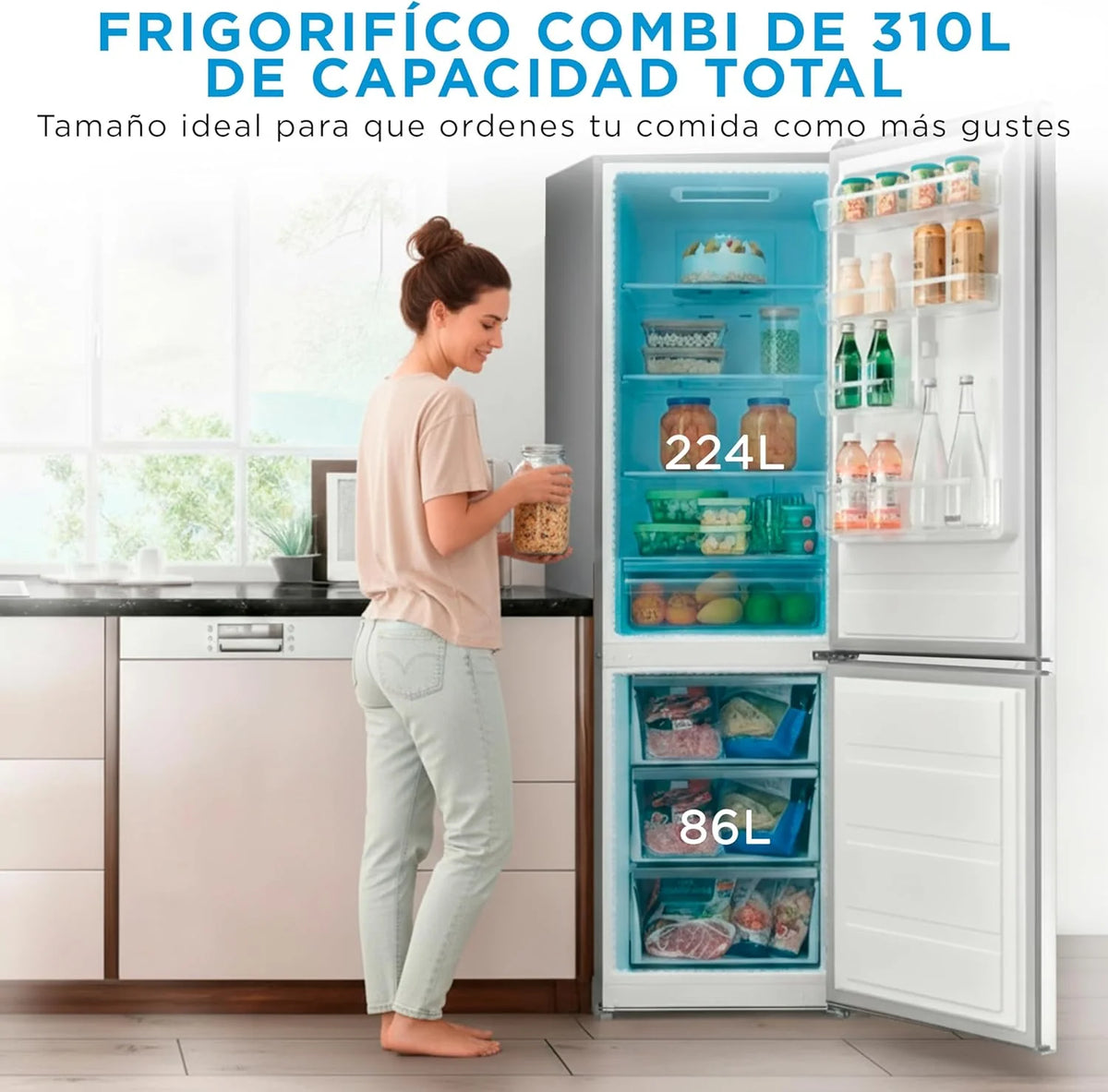 2026 Midea Frigorífico Combi No Frost | 60 cm ancho x 188 alto cm | Inox | Nevera libre instalación 224 L 86 L Congelador - Refrigerador de bajo consumo con congelador vertical