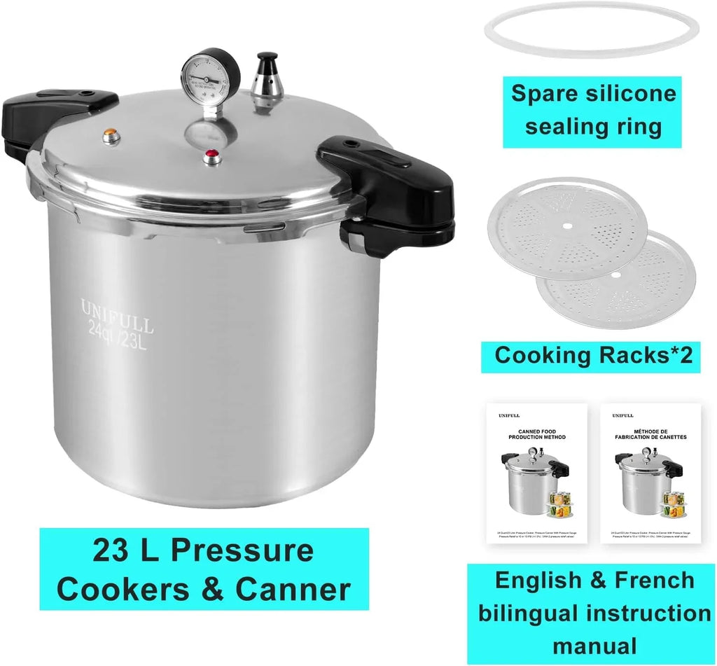 2026 NewUNIFULL 24 Quart/23 Liter Pressure Cooker,Pressure Canner with Pressure Gauge,Pressure Relief Valve - 15 PSI,and Sealing Ring