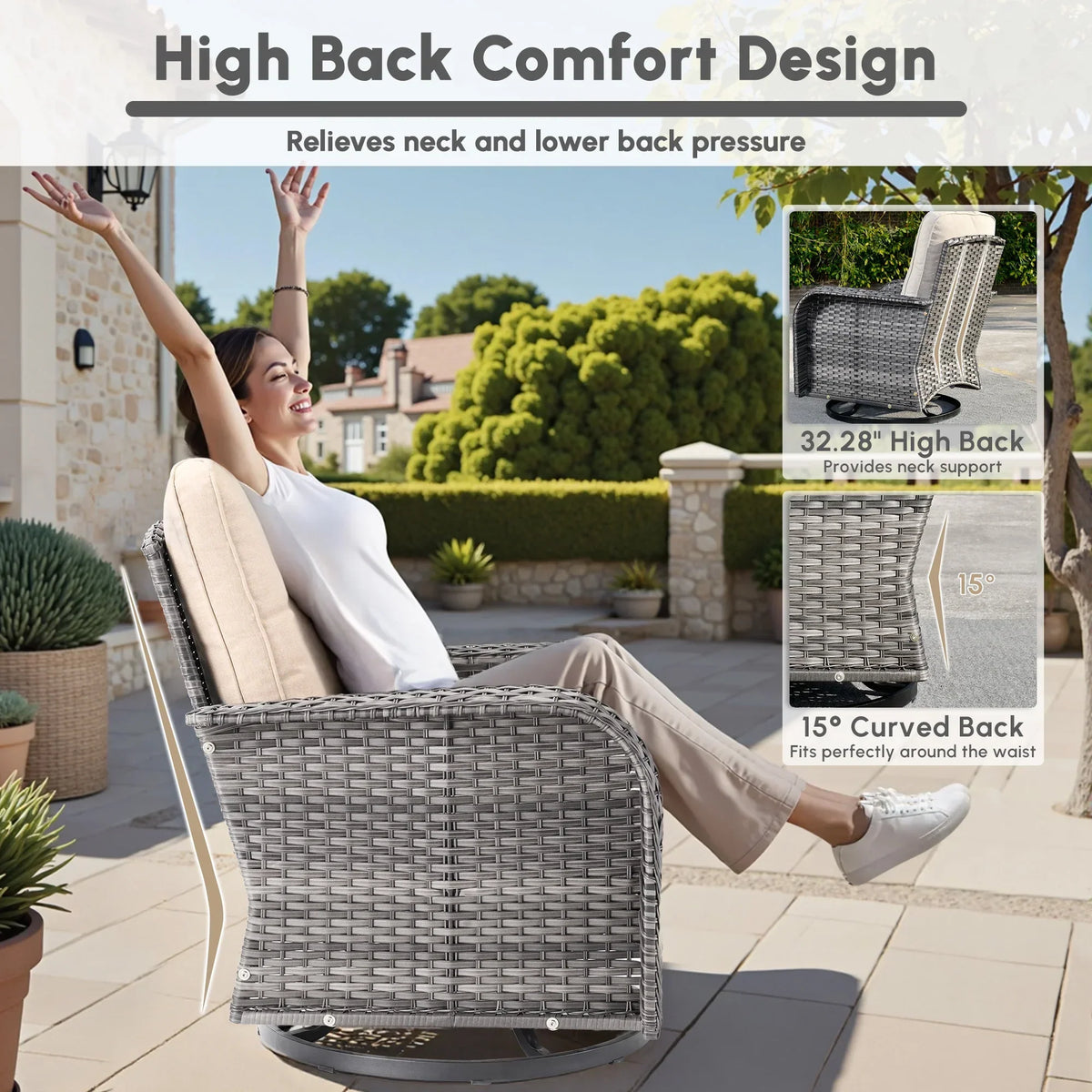 2026 NewOvios 5 Pieces Outdoor Patio Furniture Set High Back All Weather Wicker Conversation Set with Swivel Chairs & Coffee Table, Dark Gray