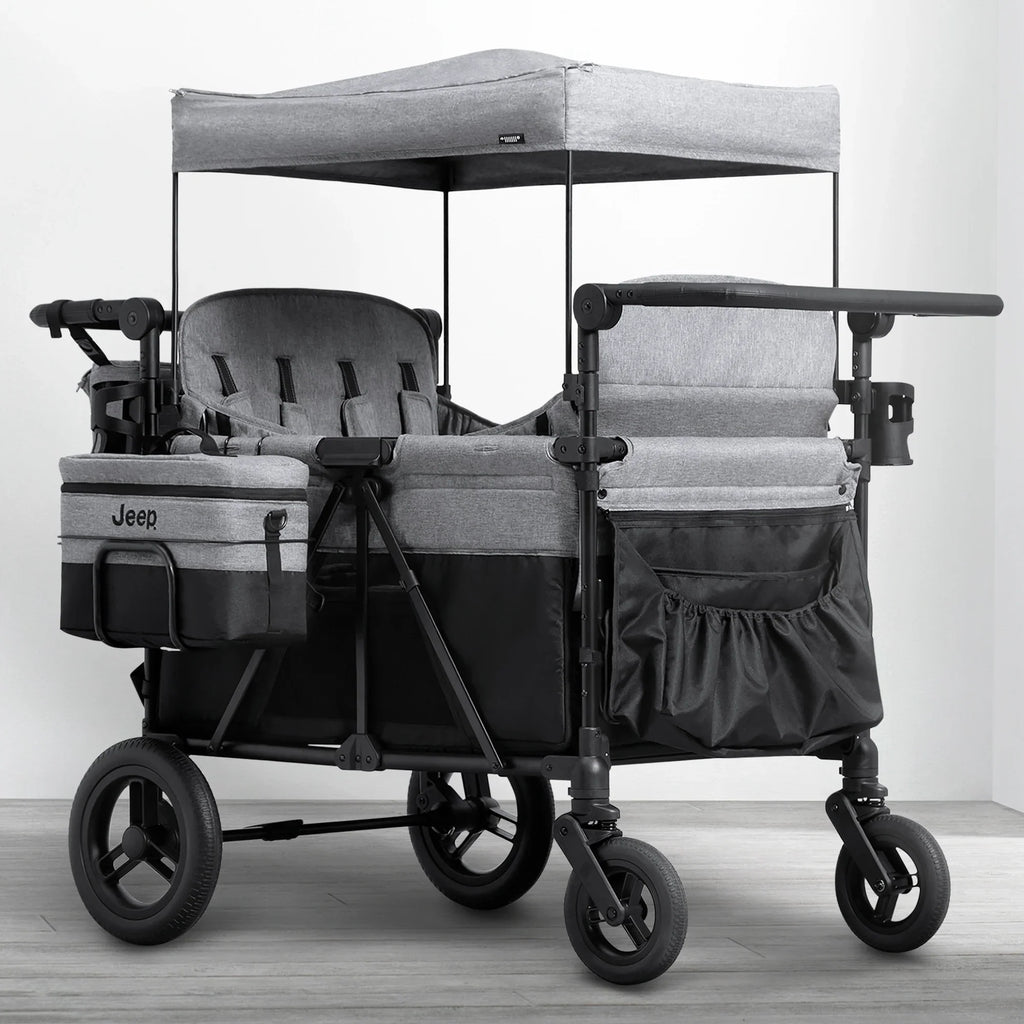 2026 Carrito-Paseador Jeep Wrangler Deluxe para 4 Niños – Capota Desmontable, Bolsa Térmica, Asientos Modulares, Almacenamiento XXL, Ruedas Antipinchazos, Manillares Ajustables