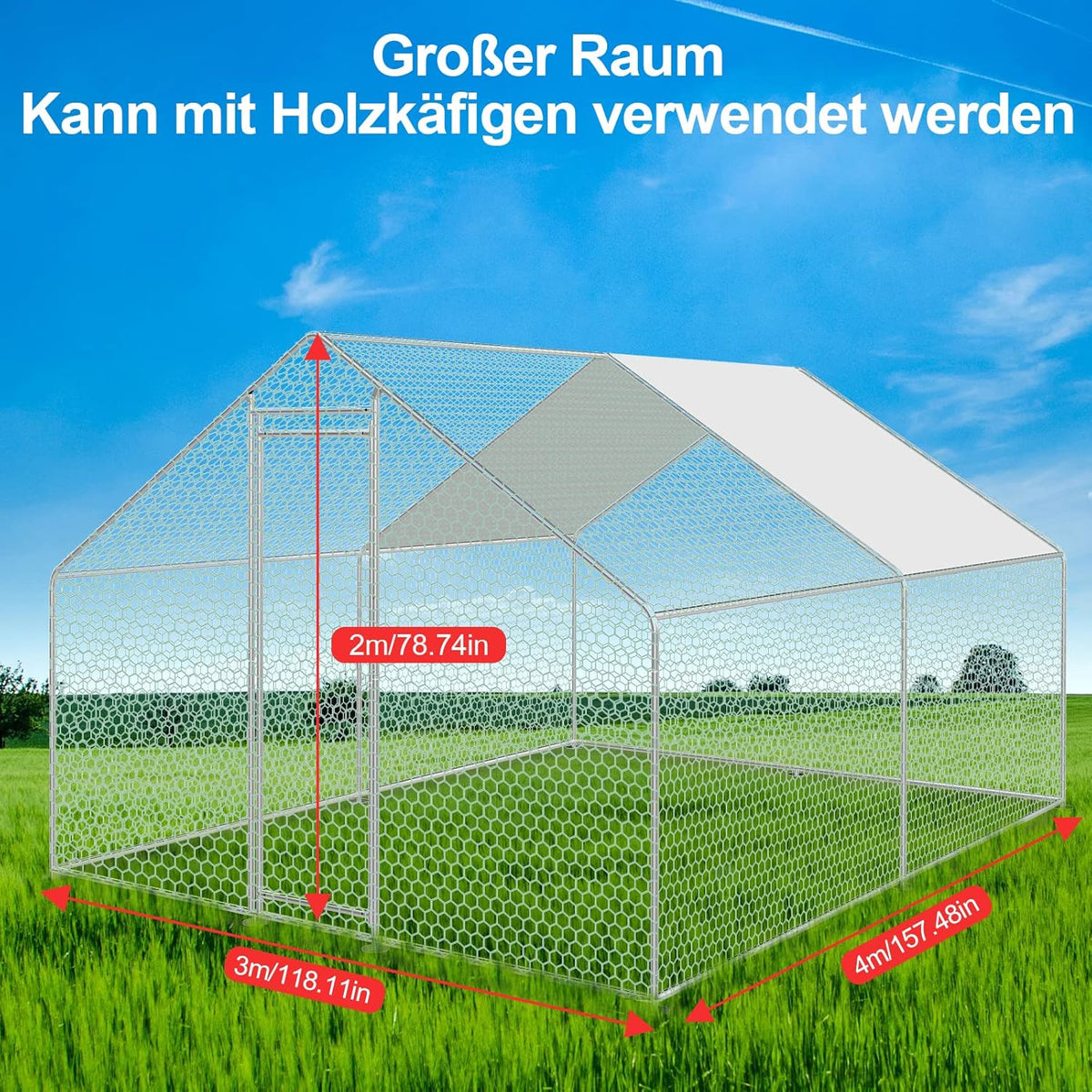 2026 Sonnewelt Corral exterior 3x4x2m Gallinero de acero galvanizado Jaula para animales pequeños Casa de pollos Techo Gallinero avícola con techo parasol y puerta para jaula de mascotas Jaula de pollos Jaula de pájaros Animales pequeños Plantas