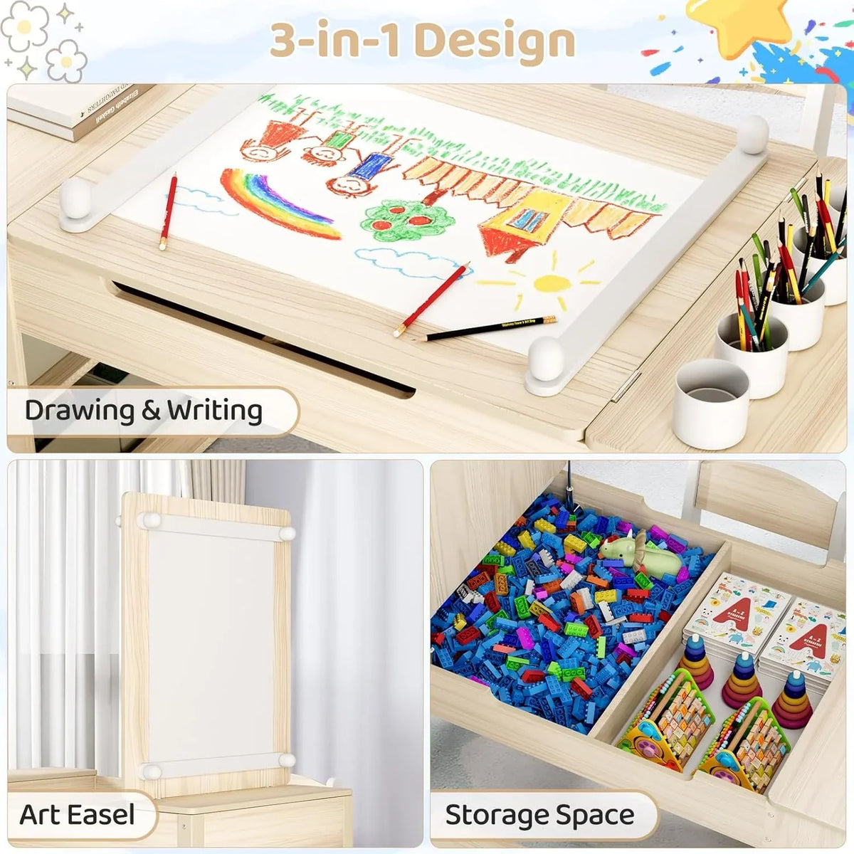2026 NewLAZY BUDDY Kids Art Table and 2 Chairs Set, 2 in 1 Easel & Toddler Craft Table and Chairs Set with Storage Bins, Paint Cups and Paper Roll, Activity Table Set for Children 3+