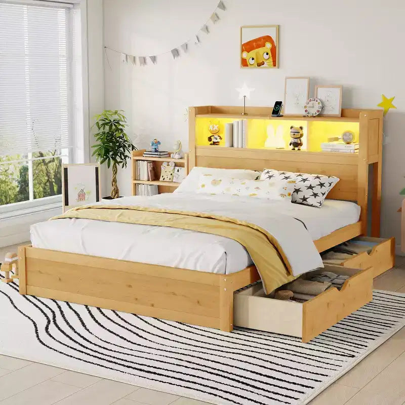 2026 Cama plataforma moderna de madera con cajones de almacenamiento y cabecero LED, natural/blanco, Twin/Full