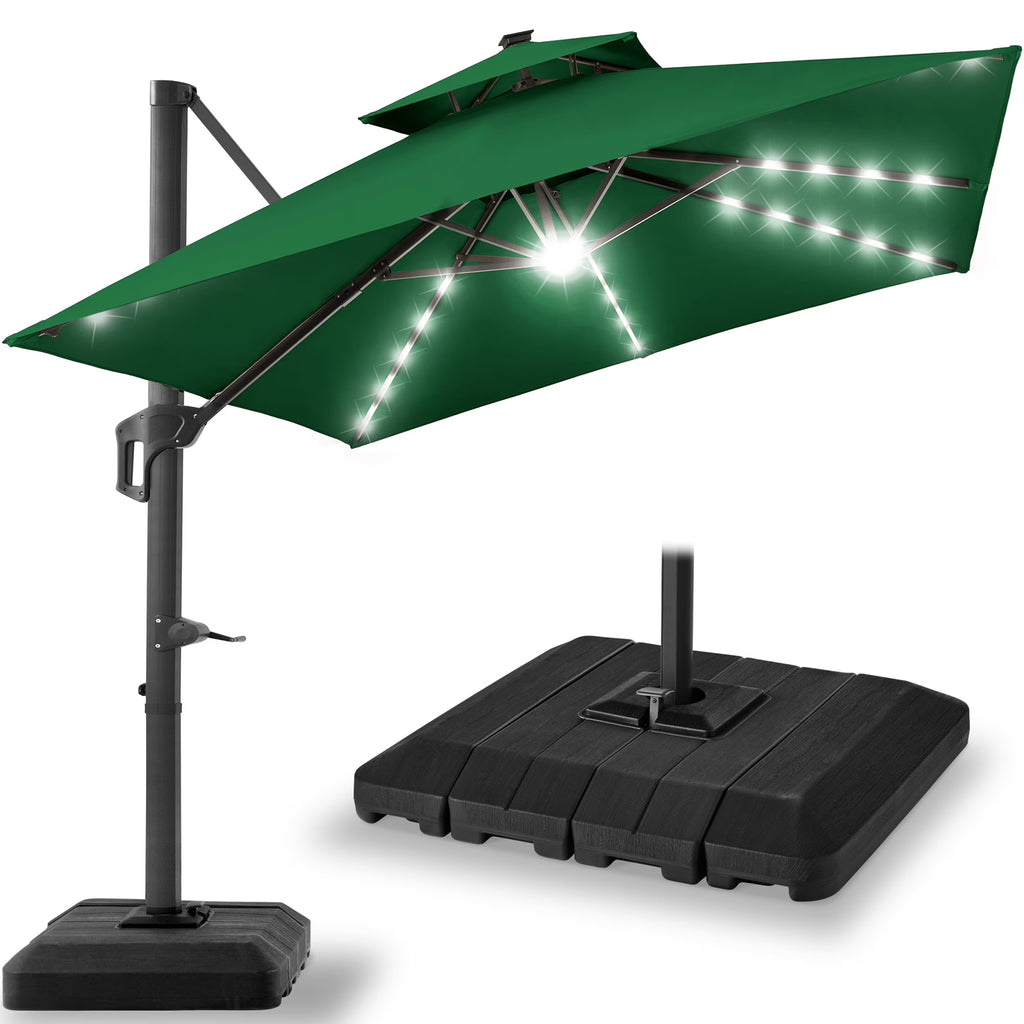 2026 NewBest Choice Products 10x10ft 2-Tier Square Outdoor Solar LED Cantilever Patio Umbrella w/ Base Included - Tan