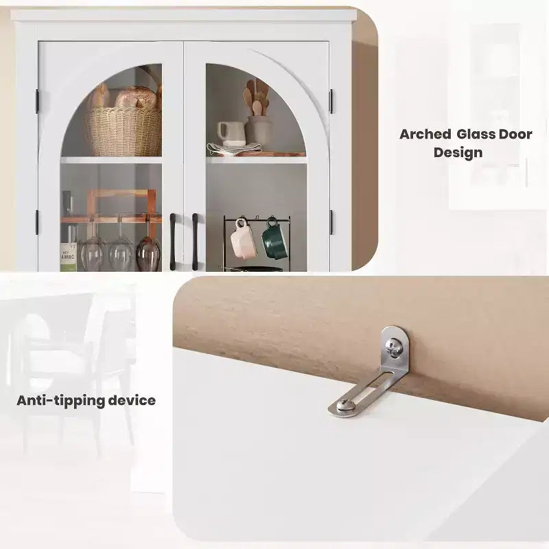 2026 Armario despensa de 70" natural/blanco con 4 puertas de cristal arqueadas y estantes ajustables