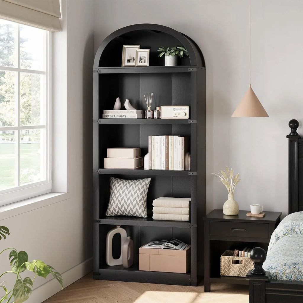 2026 NewBookcase 5 Shelf Arched Bookshelf 71.65in Tall Bookcase Farmhouse Display Storage Rack Wooden Bookshelves for Home Office, Living Room(white)