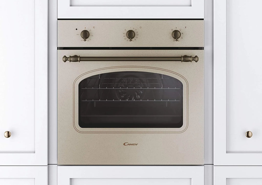2026 Candy FCC603NAV - Horno eléctrico empotrable, ventilado, capacidad 65 litros, multifunción y función pizza, 8 programas, 56,8 x 59,5 x 59,5 cm, estilo rústico, avena, clase A