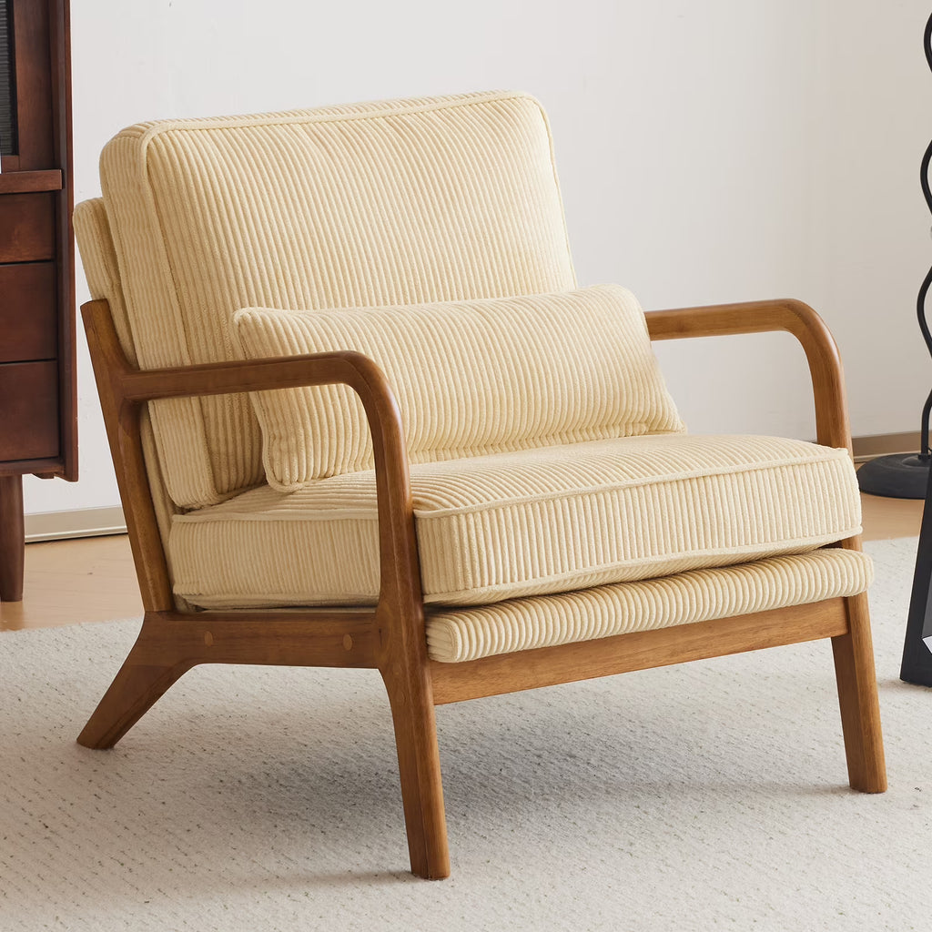 2026 NewKtaxon Accent Chair Corduroy Upholstered Armchair, Reading Club Chair with Pillow and Solid Wood Frame for Living Room Bedroom Furniture Off White