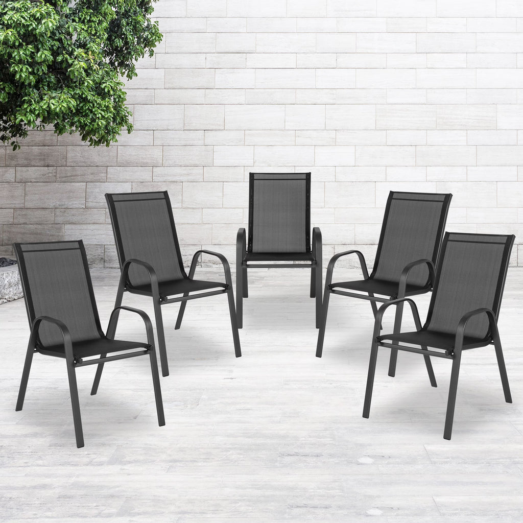 2026 NewBizChair 5 Pack Black Outdoor Stack Chair with Flex Comfort Material and Metal Frame