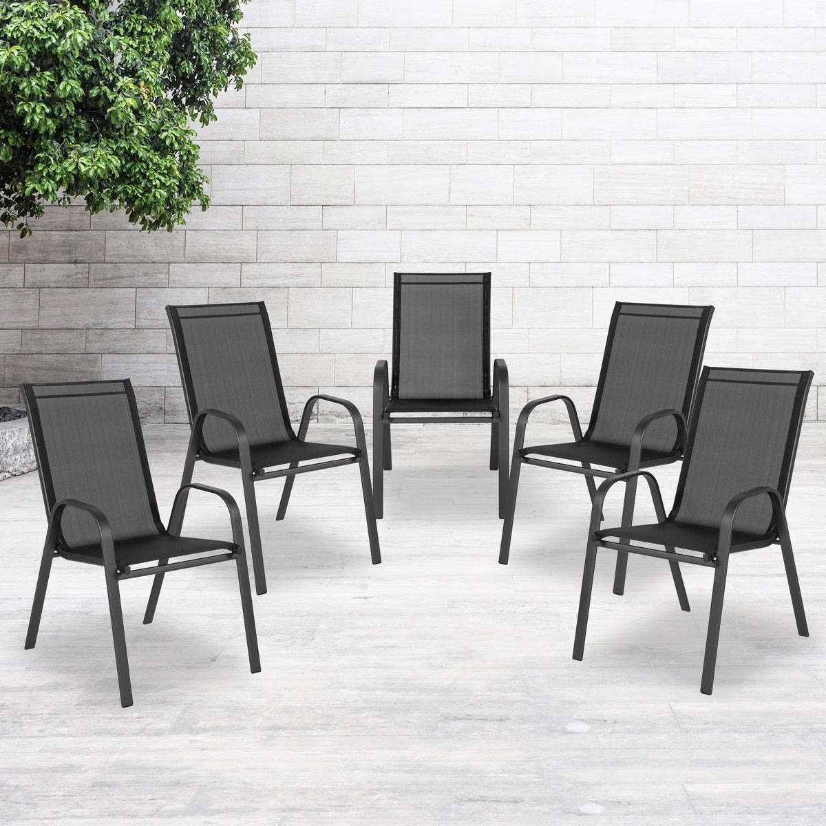2026 NewBizChair 5 Pack Black Outdoor Stack Chair with Flex Comfort Material and Metal Frame