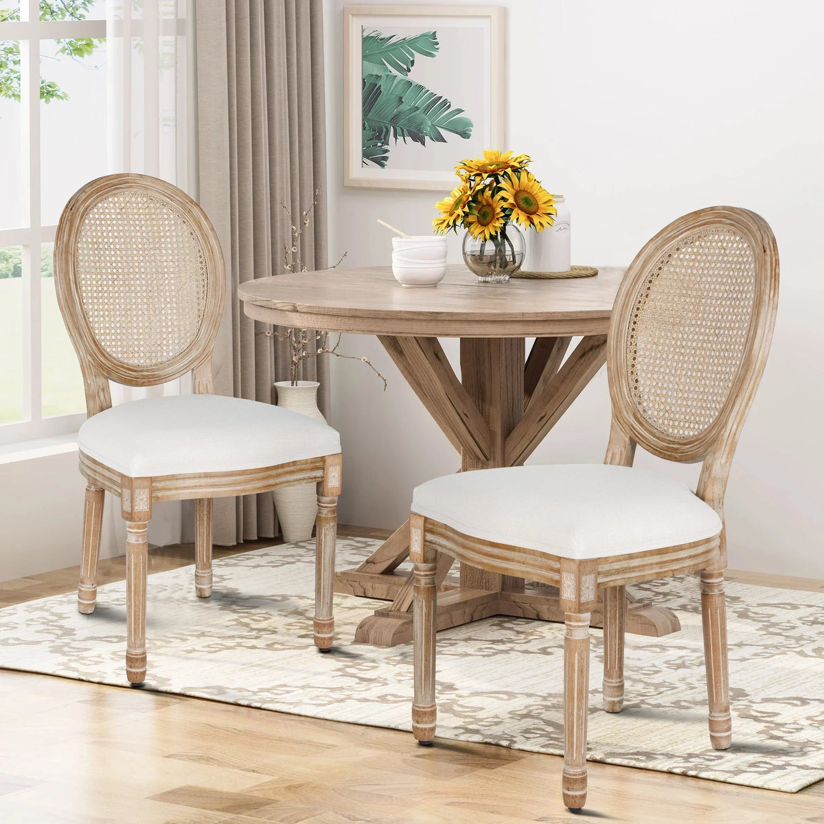 2026 NewFrench Dining Chairs Set of 2 Beige Natural Fabric Round Back with Solid Wood Legs and Frame for Bedroom Dining Room Kitchen
