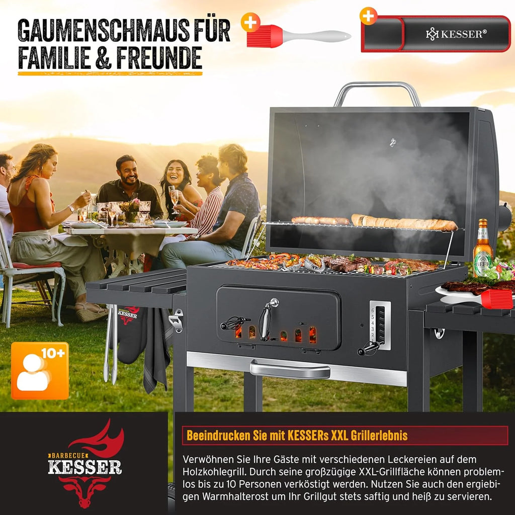 2026 KESSER Barbacoa de carbón con carro y tapa, ruedas, mango de acero inoxidable, termómetro, tamaño XXL, gris