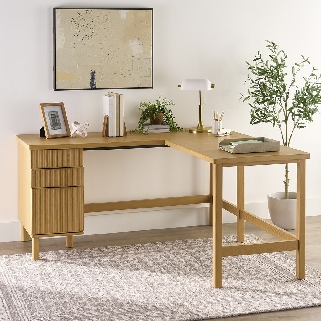 2026 NewBetter Homes & Gardens Lillian Fluted L-Shape Desk, Natural Pine Finish