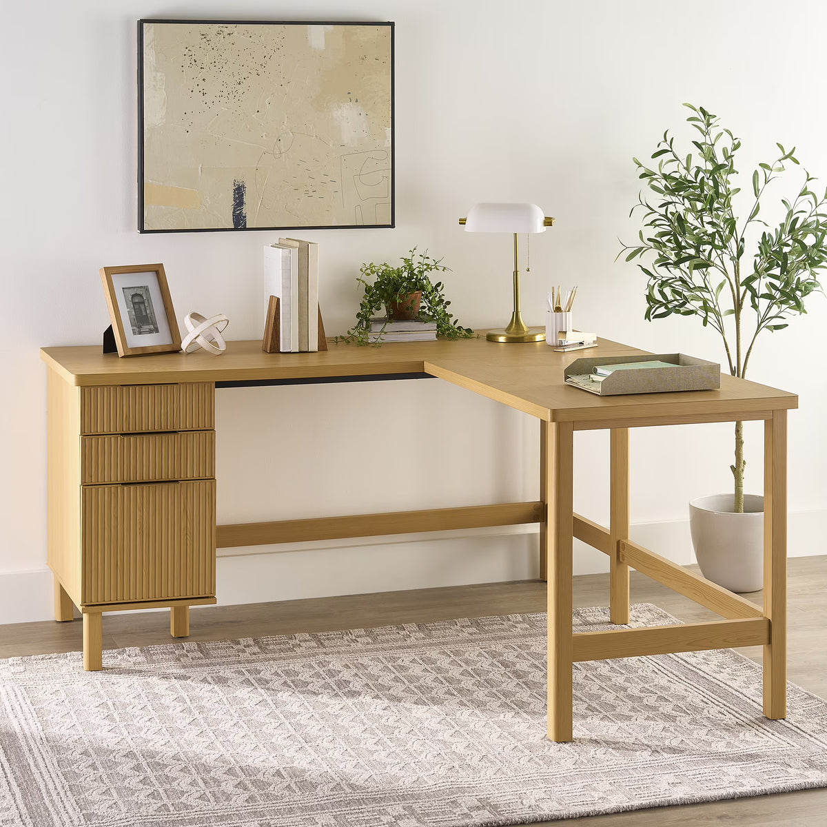 2026 NewBetter Homes & Gardens Lillian Fluted L-Shape Desk, Natural Pine Finish