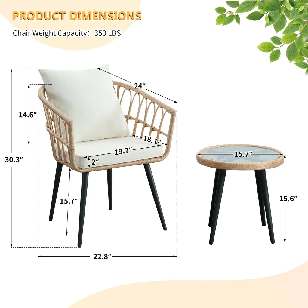 2026 NewFHFO 3 Piece Patio Bistro Set, Outdoor Wicker Apartment Balcony Furniture Sets, Rattan Table and Chairs Set of 2 for Porch Backyard Lawn Poolside Deck, Beige