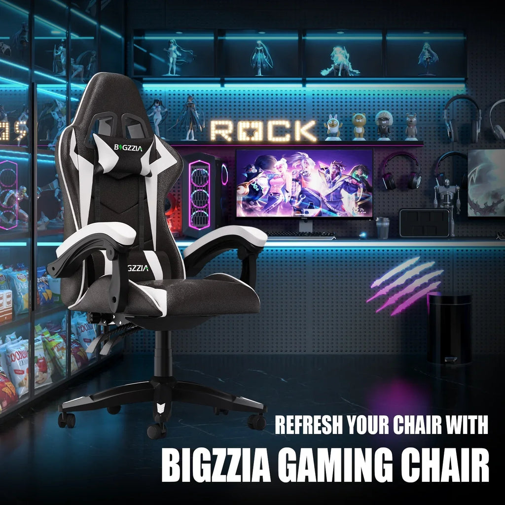 2026 NewBigzzia Gaming Chair Office Chair, Ergonomic Game Chair with Height Adjustable Headrest and Lumbar Support for Adults Teens, Black & White