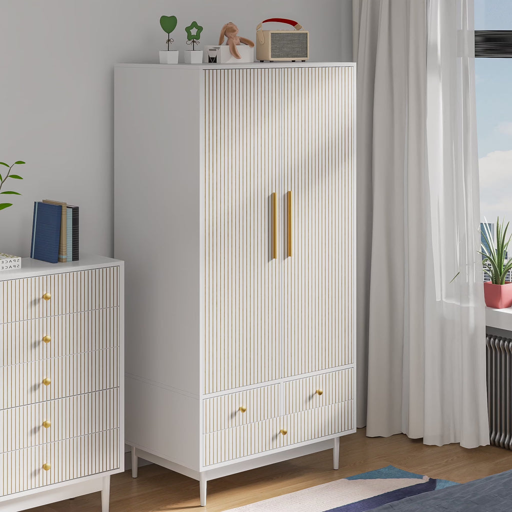 2026 NewOubayajia Wardrobe Armoire Closet, 2 Fluted Doors Wardrobe Cabinet with 3-Drawer and Hanging Rod, Wood Wardrobe Storage for Bedroom