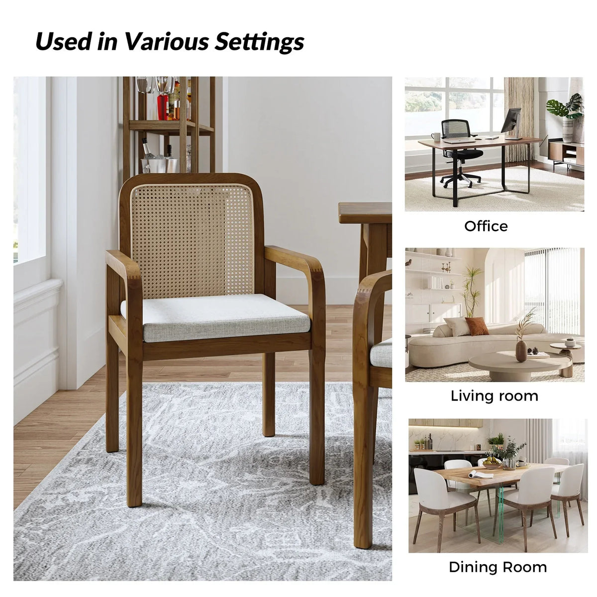 2026 NewRattan Dining Chairs Set of 2 Wooden Armchairs Removable Cushion Home Kitchen Restaurant Acorn