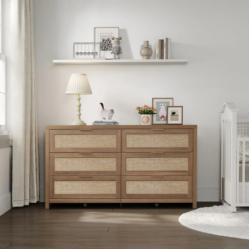 2026 NewSICOTAS 56.85" 6 Drawer Dresser,Rattan Dresser with Storage,Boho Dressers & Chests of Drawers Wooden Tall Dresser for Bedroom
