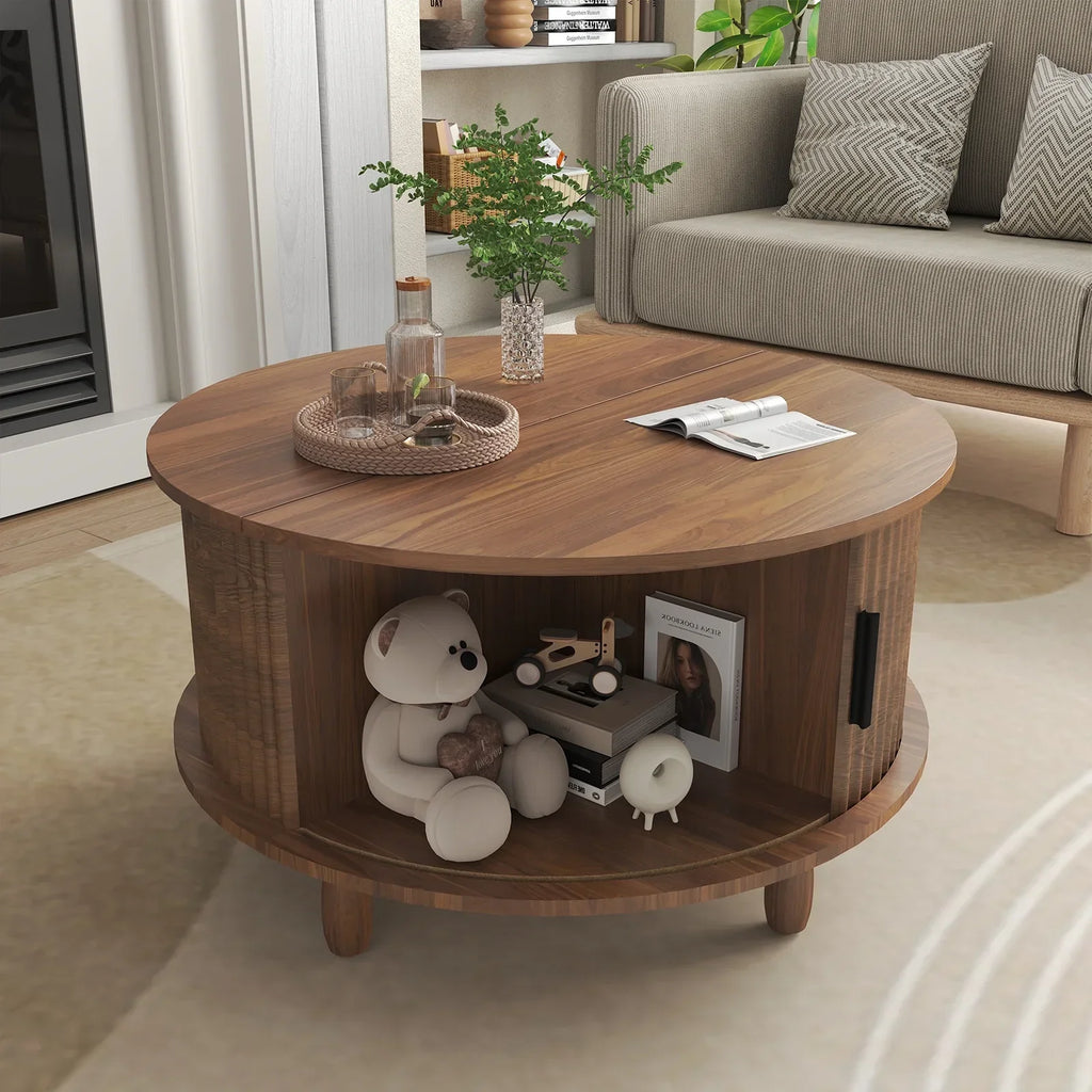 2026 NewRUMLIVE Round Coffee Table with Storage, 30.7" Modern Coffee Table with 360" Curved Sliding Door, Fluted Wood Coffee Table with Footpads, Round Center Table for Living Room, Black