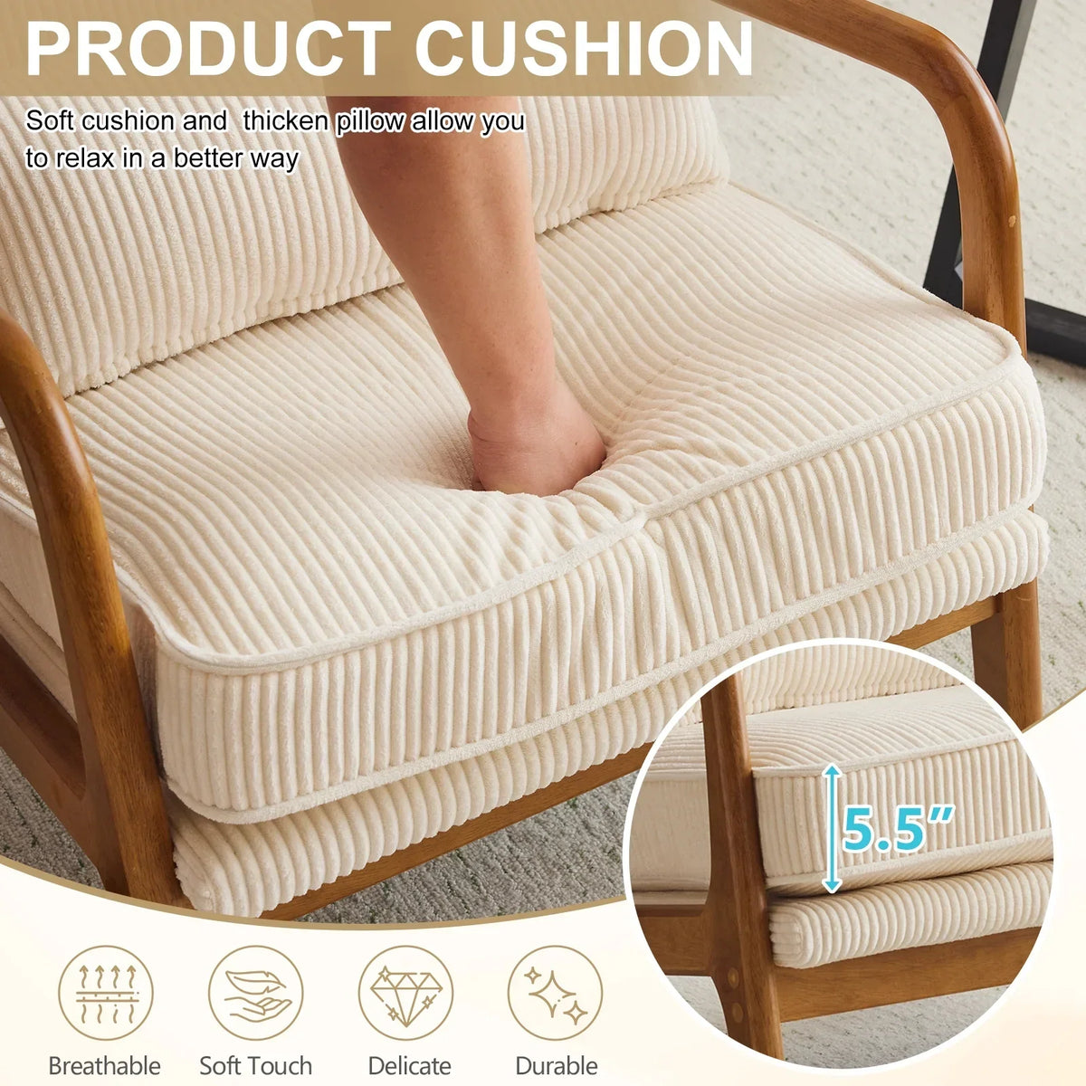 2026 NewKtaxon Accent Chair Corduroy Upholstered Armchair, Reading Club Chair with Pillow and Solid Wood Frame for Living Room Bedroom Furniture Off White
