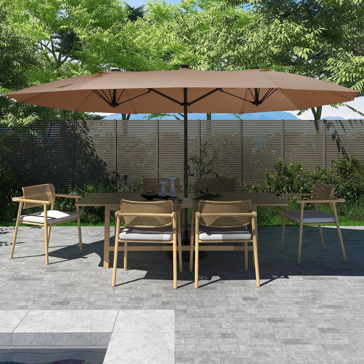 2026 NewMondawe 15ft Patio Umbrella, Large Double-Sided Solar LED Outdoor Umbrella with Fiberglass Ribs and Base for Deck Pool, Navy Blue