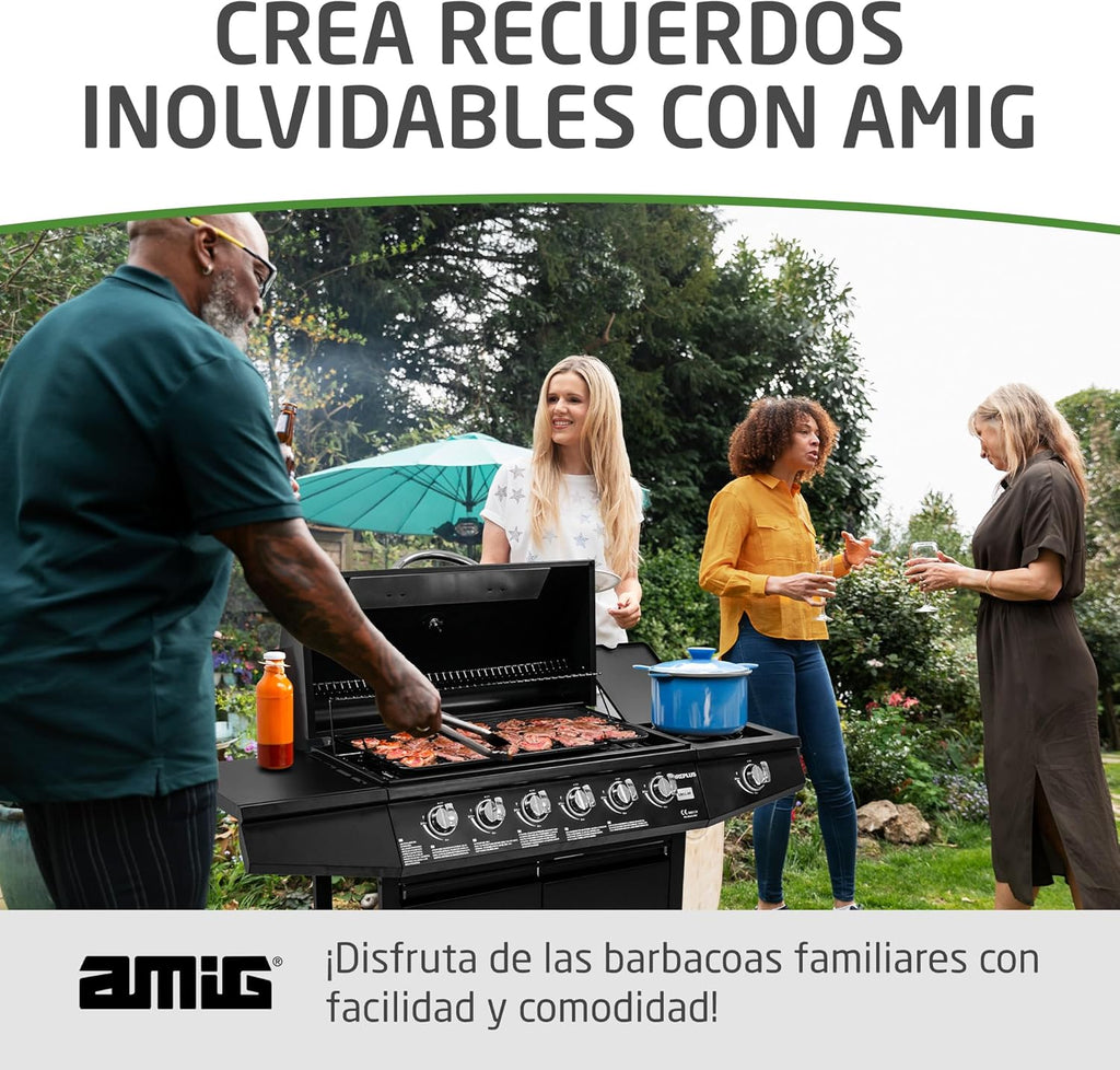 2026 Amig - Barbacoa de gas Fireplus 6 1 de 12,9 kW - Acero inoxidable Negro - Parrilla con ruedas Modelo GRILL-6F - Barbacoa XXL con carro y termómetro - 138x52x103 cm - 7 quemadores y Bandeja lateral