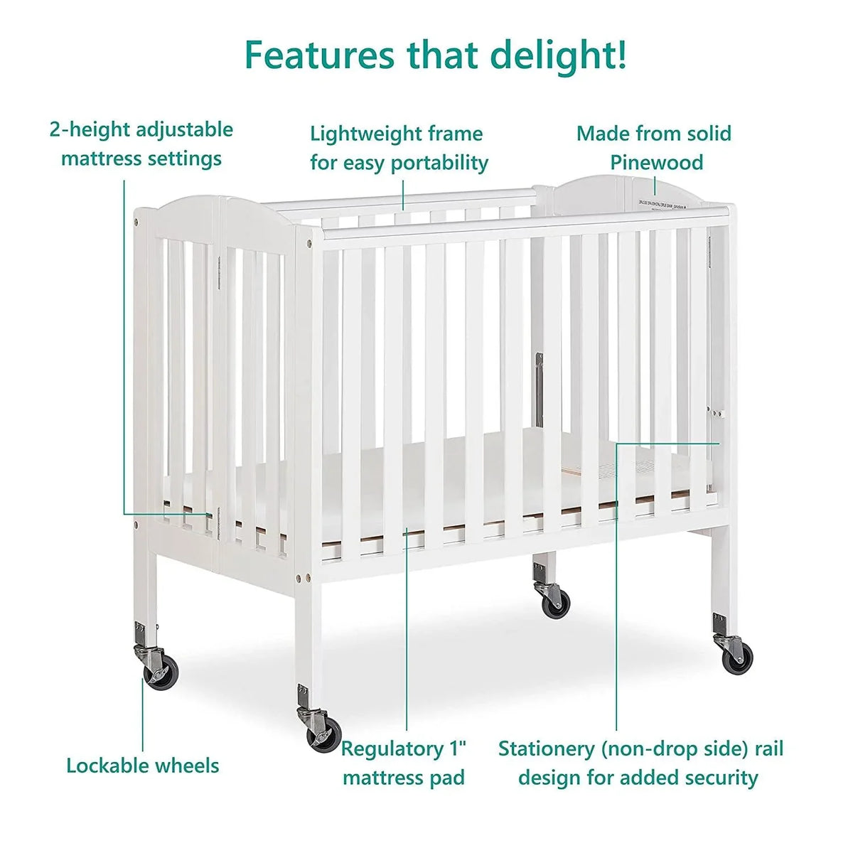 2026 NewDream On Me 2-in-1 Folding Portable Mini Crib in White. Mattress Pad Included. Easy to Fold and Store Baby Crib. Two Adjustable Mattress Height positions Convertible Crib